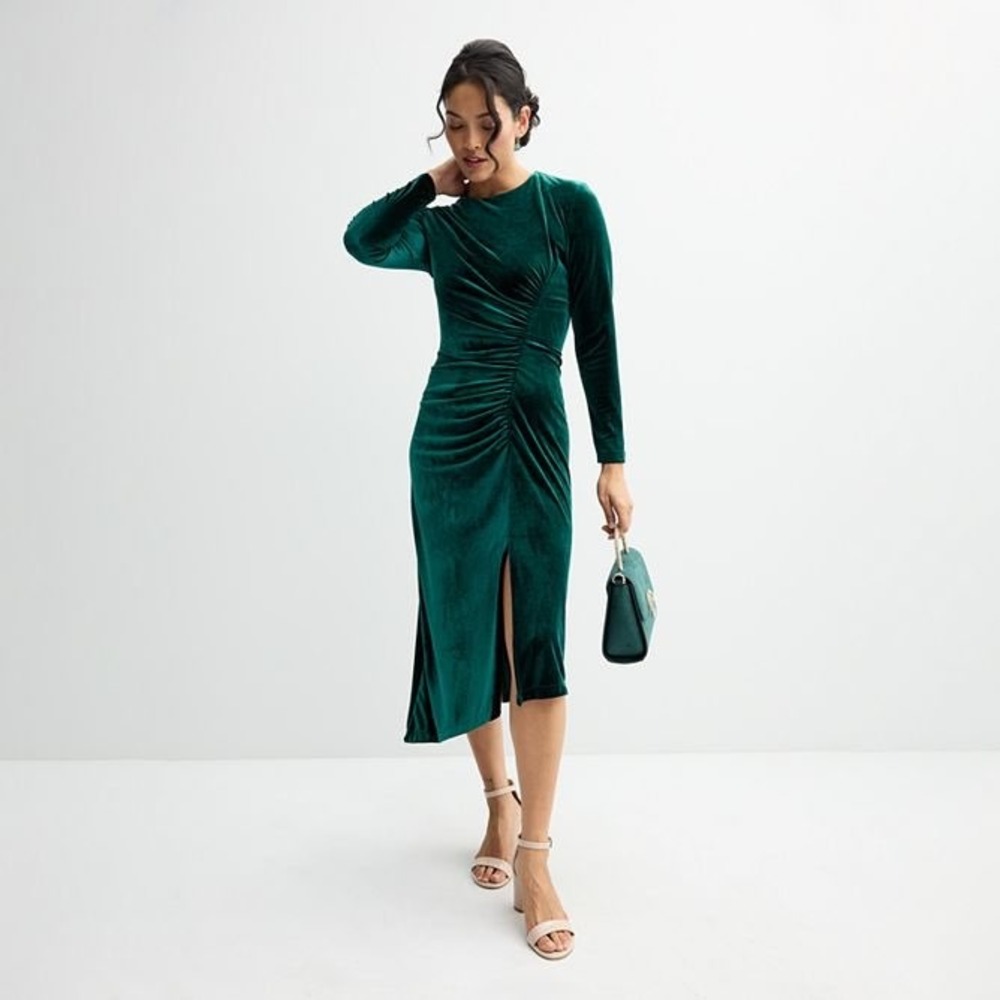 Velvet Ruched Midi Dress Emerald Green Long Sleeve Slit Formal Event Sheath 14